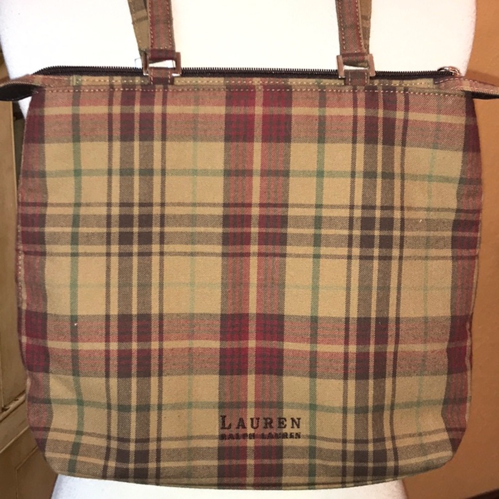 Ralph Lauren Tan Plaid Canvas Satchel with Red and Green Accents